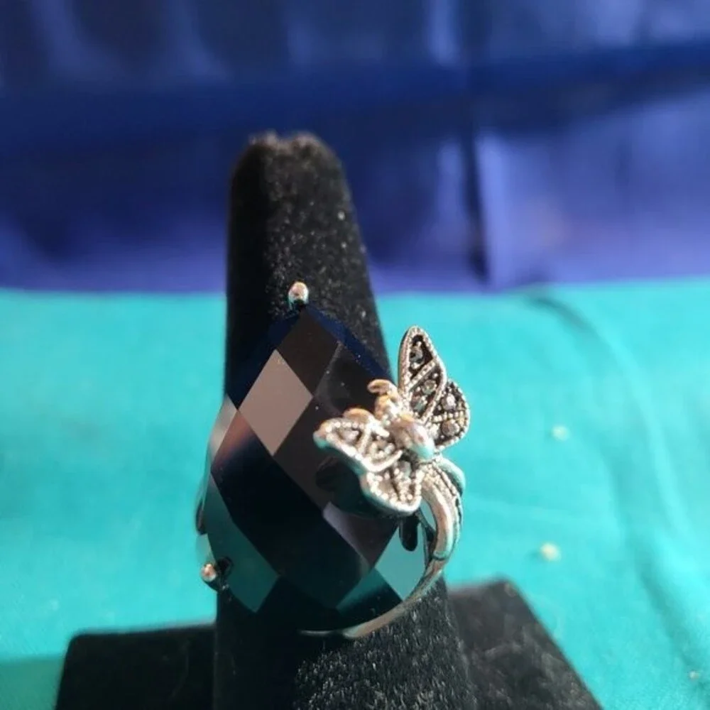 Black Agate/ Hematite Butterfly Stainless Steel Ring
